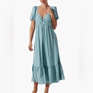 ASTR the Label Tie Back Puff Sleeve Midi Dress - Teal - Size Medium